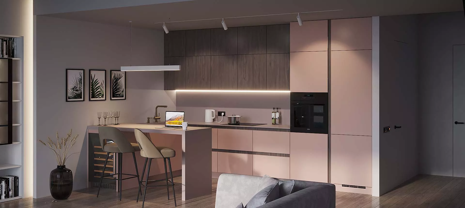 Розовый кварц матовый / Флитвуд серая лава 